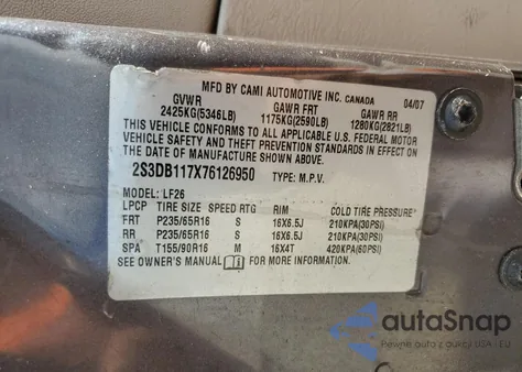 2007 Suzuki Xl7 из США, поврежденный, VIN 2S3DB117X76126950